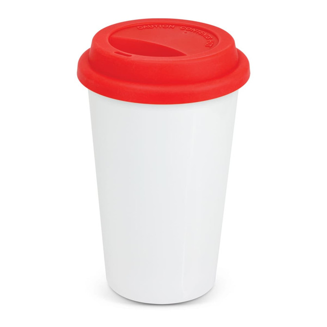 A double wall coffee cup in white with a red silicone lid, featuring a logo.