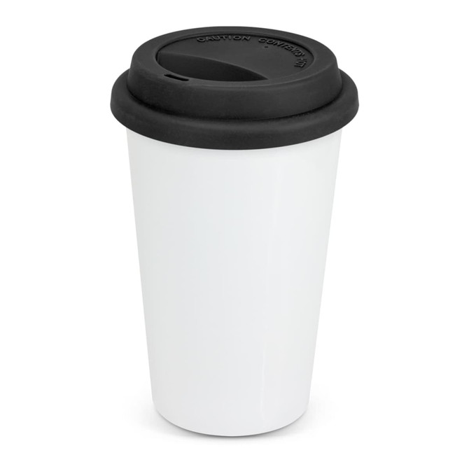 A double wall coffee cup in white with a black lid, featuring a logo.