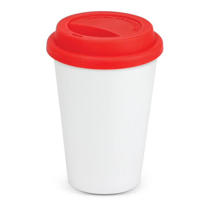 A double wall coffee cup in white with a red silicone lid, featuring a logo on the lid.