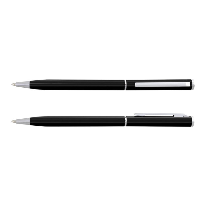 A black metal pen with a sleek design, featuring silver accents and a clip, along with a smooth writing tip.