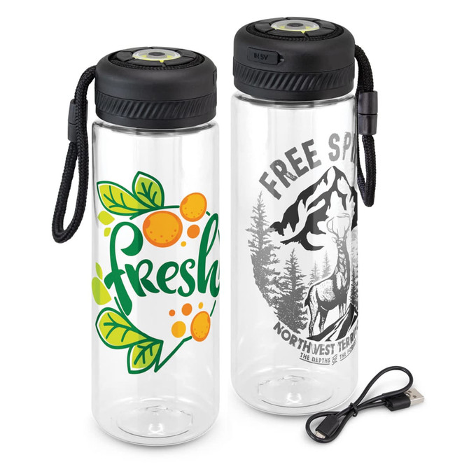 A drink bottle with a transparent casing, featuring a black lid, a rechargeable light, and various printed designs.