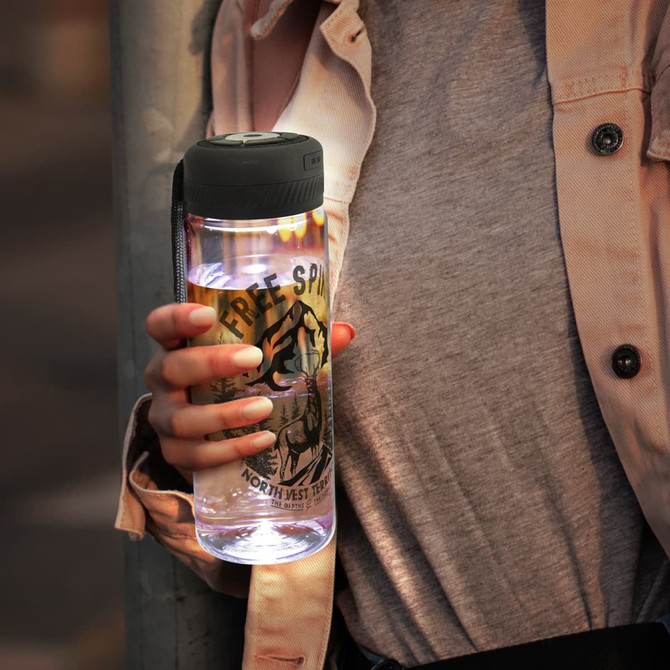 A drink bottle with a black lid and a colourful body, featuring a logo and illuminated contents.