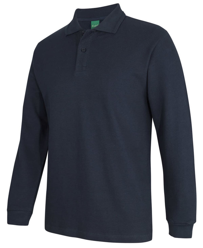 A long-sleeved navy blue polo shirt with a collar and a logo on the chest.