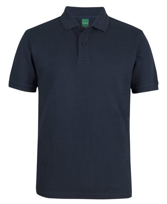 A navy polo shirt with a collar and a branded label. Suitable for casual or semi-formal wear.