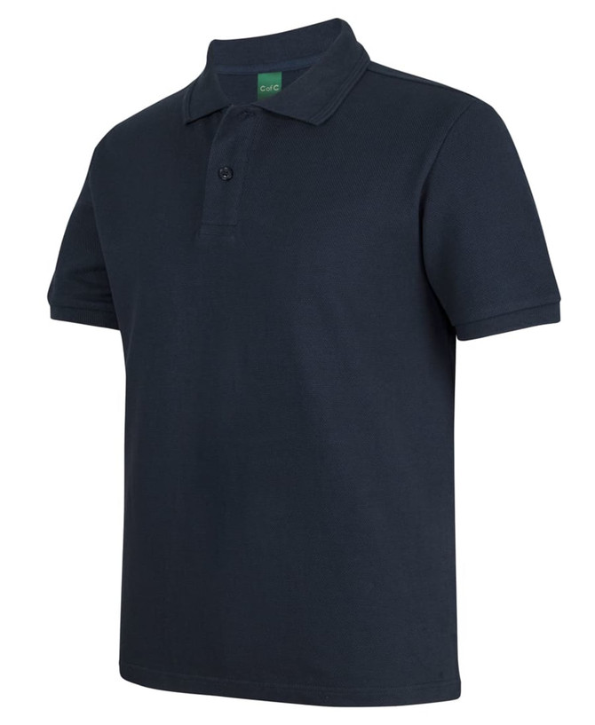 A dark navy polo shirt with a collar and short sleeves, featuring a logo on the label.