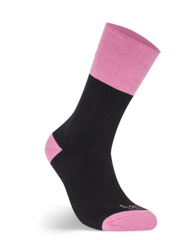 A black work sock with a pink cuff, part of the JB's Ladies Work Sock 3 Pack. Features a logo.