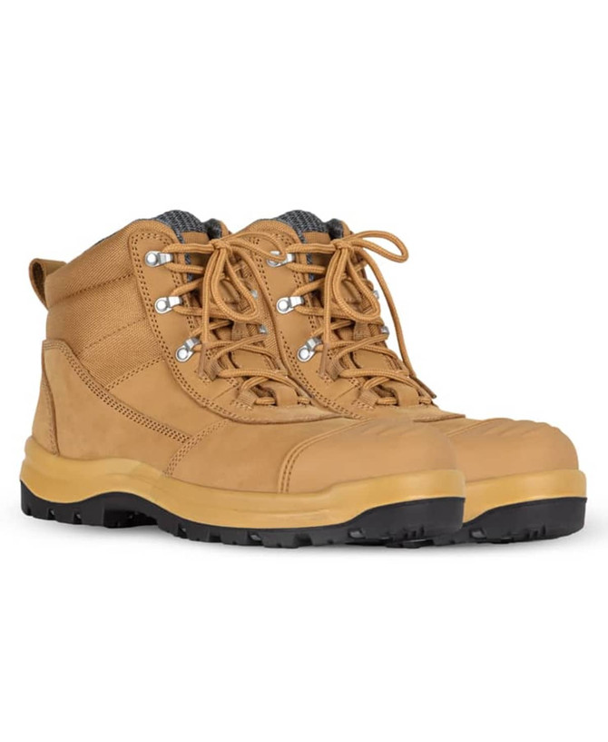 A pair of tan safety boots with black soles and reinforced toe caps, featuring metal eyelets and laces.
