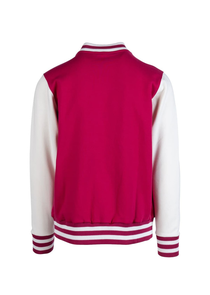 A men's varsity jacket in maroon and white with striped ribbed cuffs and a solid back.