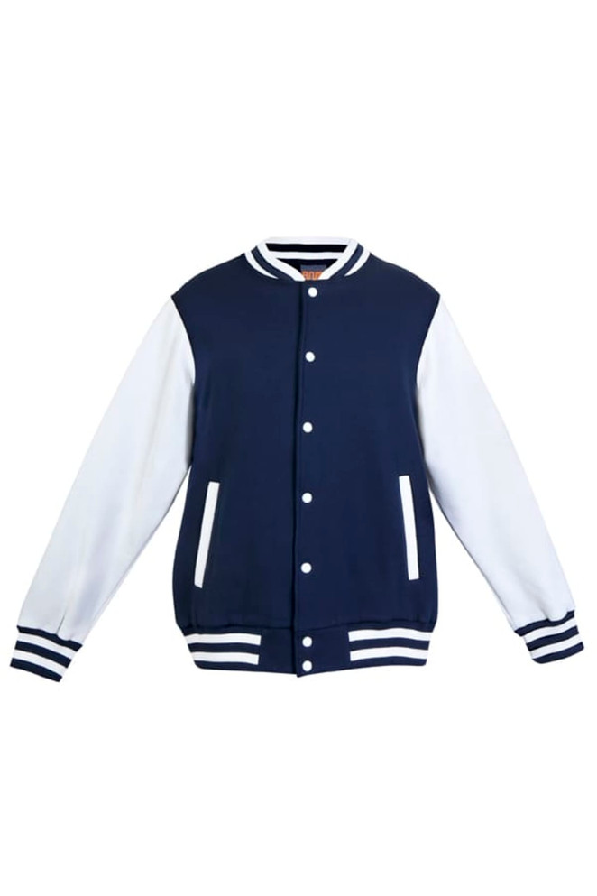 A navy blue varsity jacket with white sleeves and striped detailing on the cuffs and hem. It includes a logo.