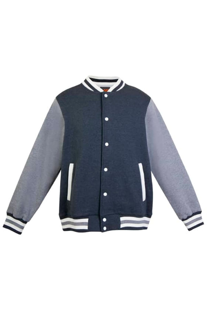 A navy blue and grey men's varsity jacket featuring a white striped collar, cuffs, and a logo.