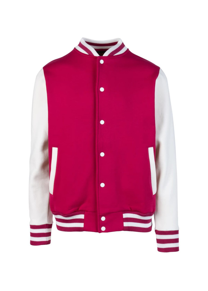 A pink and white men's varsity jacket featuring a button-front design and contrasting striped cuffs. It includes a logo.