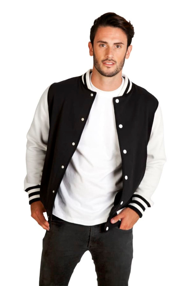 A men's varsity jacket in black with white sleeves and striped cuffs, featuring a logo.