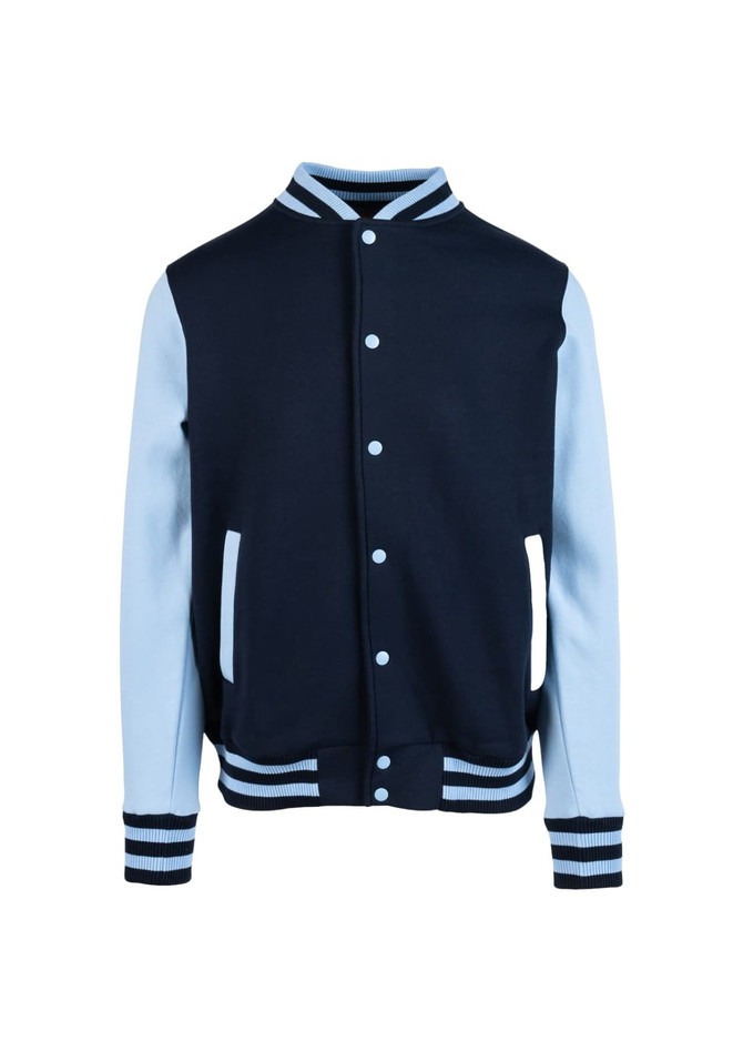 A navy and light blue men's varsity jacket featuring a front button closure and striped cuffs. It has a logo on the chest.