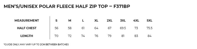 A size chart for a men's/unisex polar fleece half zip top, listing measurements for various sizes.