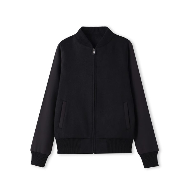 A black wool blend soft shell varsity jacket featuring a zip front and side pockets.