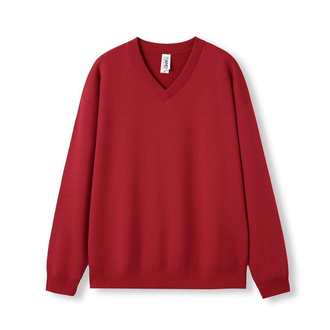 A red men's/unisex V-neck fleece jumper with a relaxed fit and ribbed cuffs. Features a logo on the label.