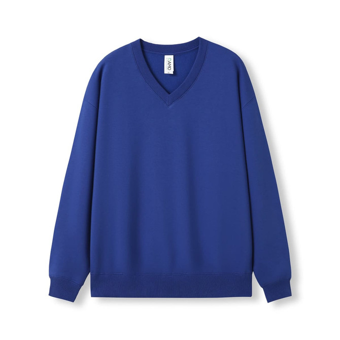 A blue unisex V-neck fleece jumper with long sleeves and a relaxed fit, featuring a logo.