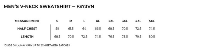 A size chart for Men's V-neck Sweatshirts featuring measurements for half chest and length in various sizes.
