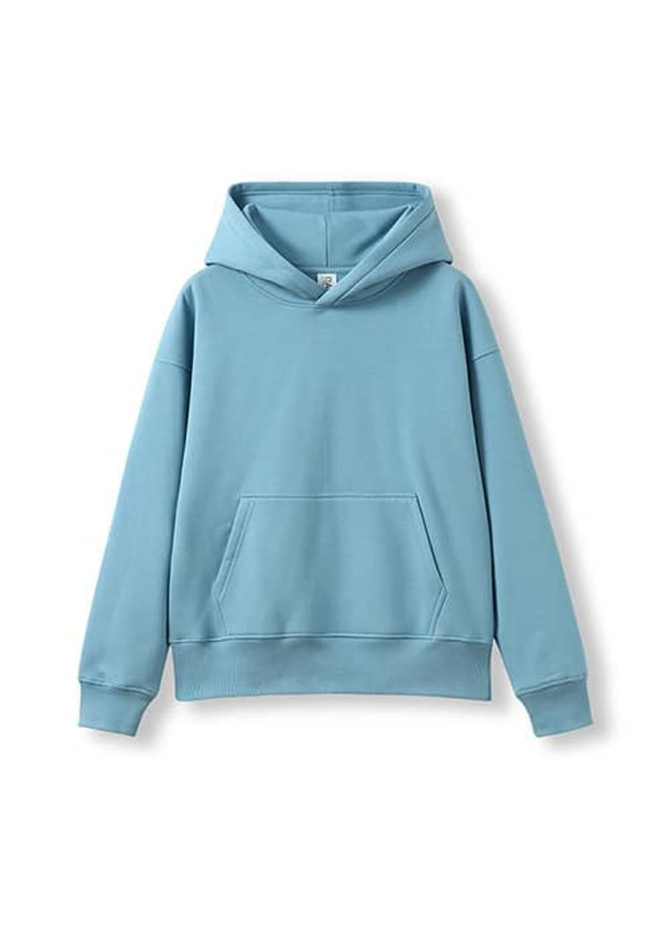 A blue oversize hoodie with a front pocket and a hood. It has a logo at the neckline.