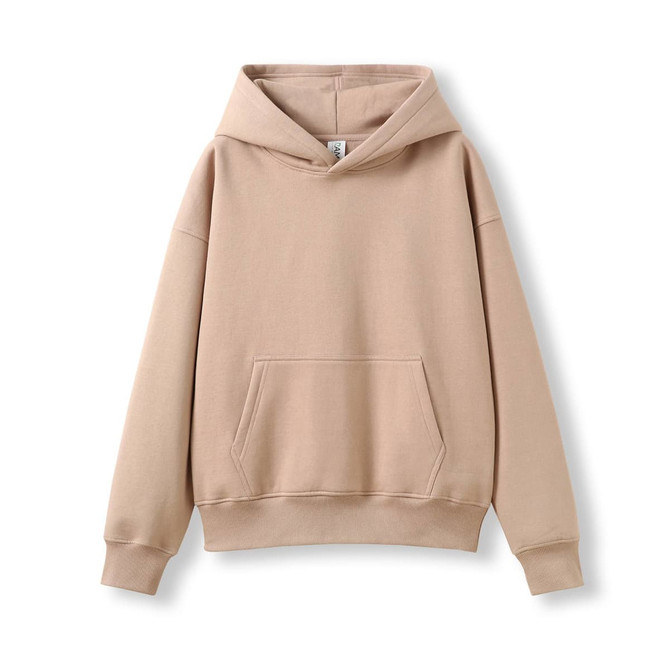 A beige oversized hoodie featuring a front pocket and an attached hood, displaying a simple design.