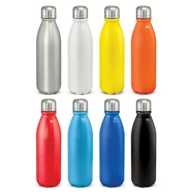 A drink bottle collection featuring aluminium bottles in silver, white, yellow, orange, red, blue, black, and navy, with metal caps.