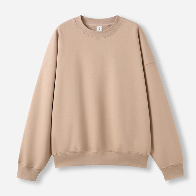 A beige oversized crew neck fleece jumper with long sleeves and a ribbed hem, featuring a logo.
