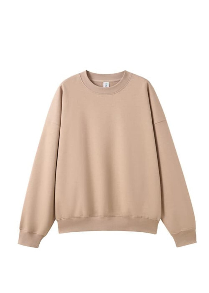 A beige oversize crew neck fleece jumper featuring dropped shoulders and a relaxed fit. It includes a logo on the label.