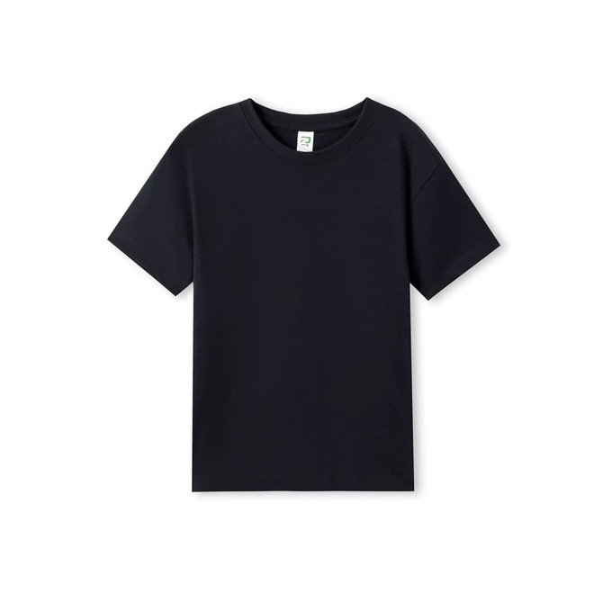 A black organic t-shirt with short sleeves and a label inside. The shirt has a simple design and no visible logos.