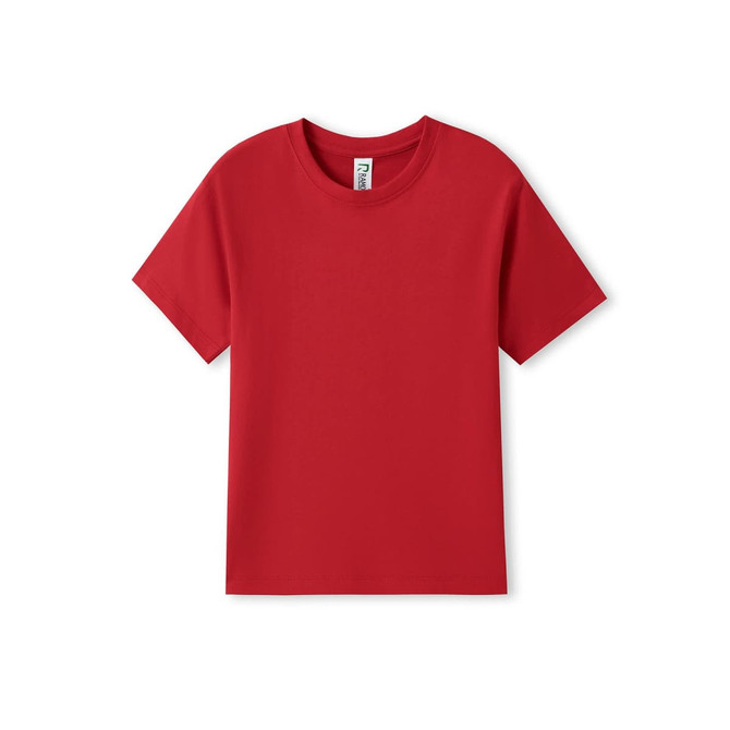 A red organic t-shirt made for kids, featuring a round neck and short sleeves. It includes a branded label.