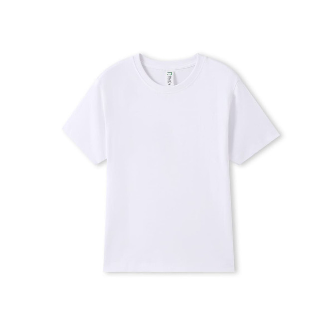 A plain white organic t-shirt with short sleeves and a tag, featuring a logo.
