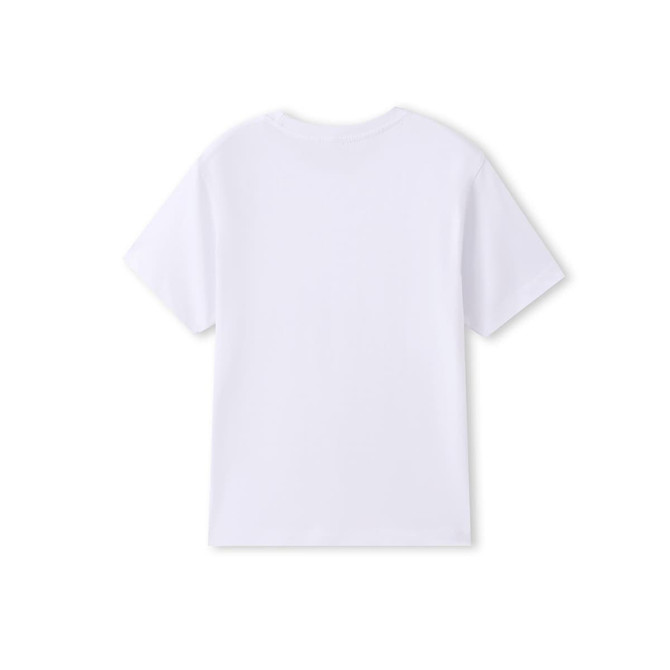 A plain white kids' organic t-shirt with short sleeves and a crew neck, featuring no visible branding.