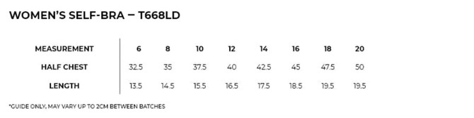 A measurement chart for a women's self-bra, detailing sizes 6 to 20 with corresponding half chest and length.