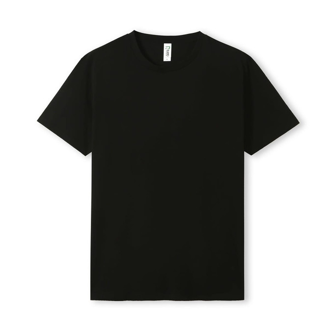 A black unisex T-shirt with a classic crew neckline and short sleeves, featuring a label.