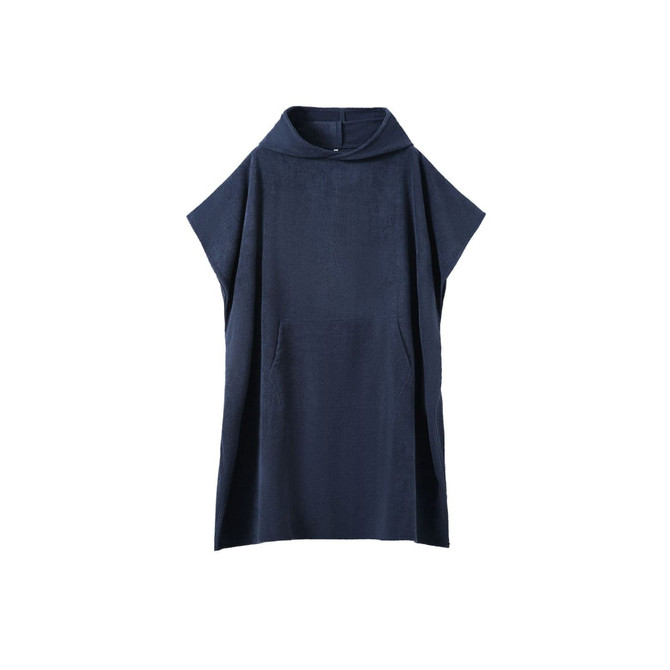 A navy blue hooded towel made from 380gsm poly/nylon with a kangaroo pocket and a logo.