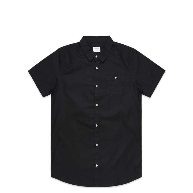 A black button-up short-sleeve shirt featuring a chest pocket and a logo.