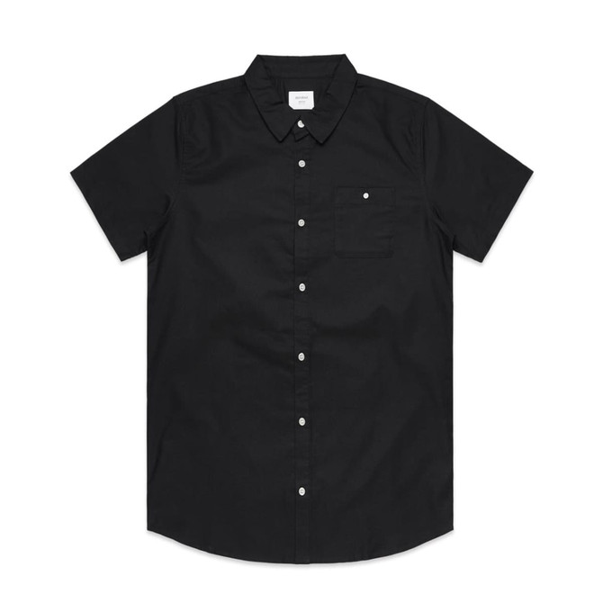 A short-sleeved black button-up shirt with a chest pocket and a logo on the label.