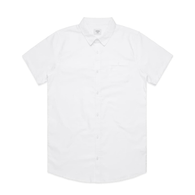 A white short-sleeved button-up shirt featuring a pocket and a logo.