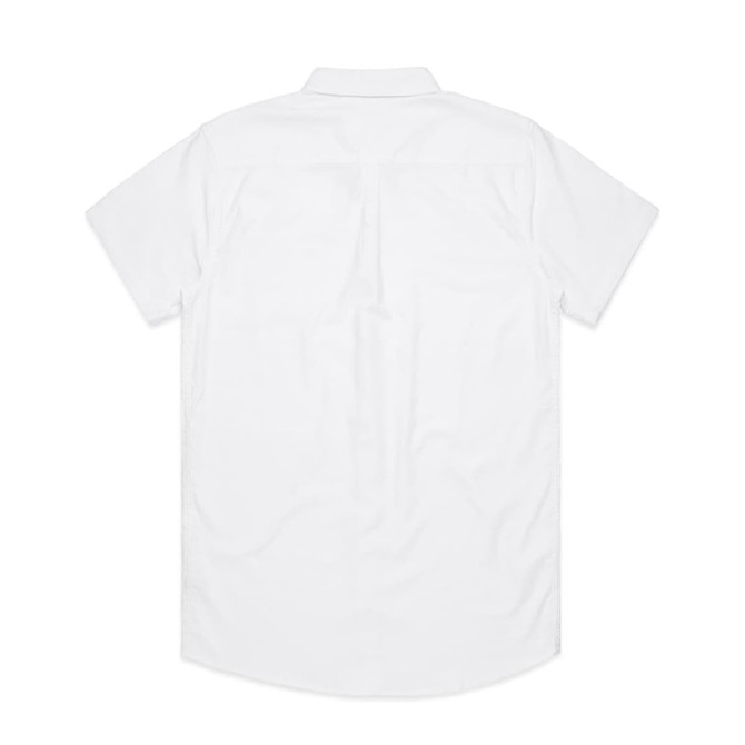 A white short-sleeve button-up shirt with a collar and a logo on the back.