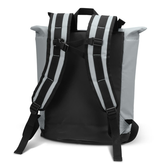 A cooler totepac in light green and black, featuring adjustable straps and a roll-top design. It also has a logo.