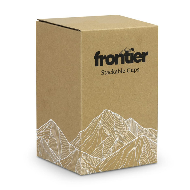 A brown box containing two stackable cups, featuring a mountain design and a logo on the front.