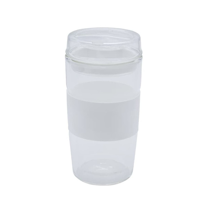 A reusable coffee cup in clear and white, featuring a textured band and a lid. Includes a logo.