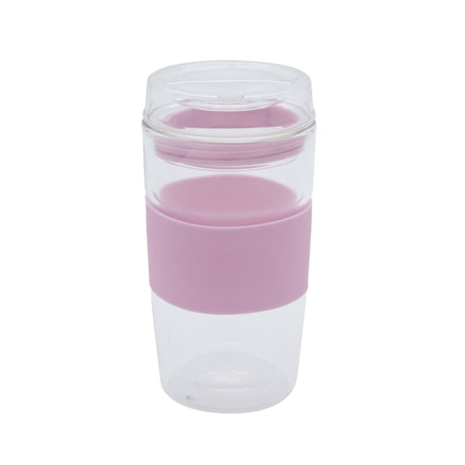 A reusable coffee cup in clear and light pink with a silicone sleeve and a lid featuring a logo.