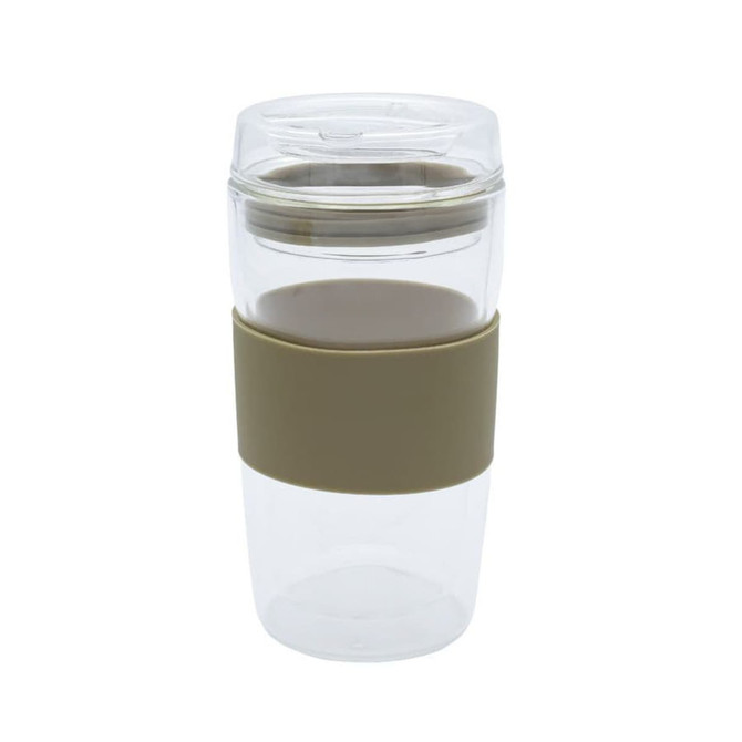 A drink bottle featuring a clear design with a beige silicone band, designed for reusable coffee.