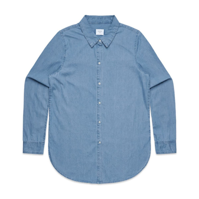 A blue denim button-up shirt with a collar, featuring long sleeves and a rounded hemline.