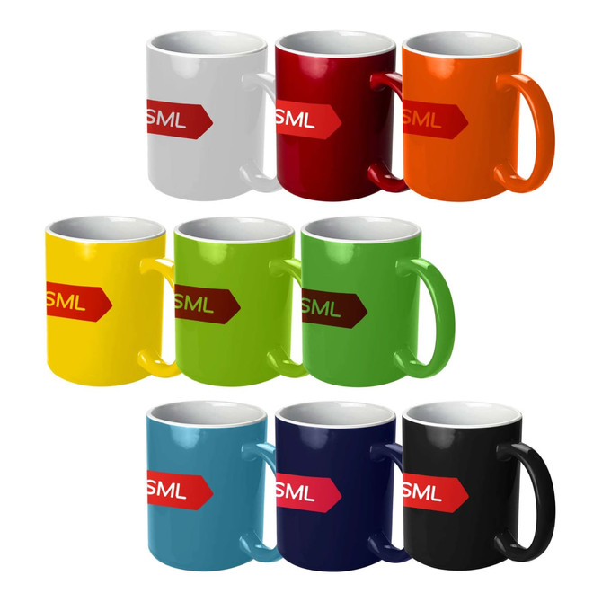 A collection of Jona coffee mugs in various colours: white, red, orange, yellow, green, navy, and black, each with a logo.