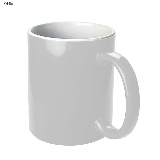 A coffee mug in glossy white ceramic with a smooth handle and a simple, classic design.