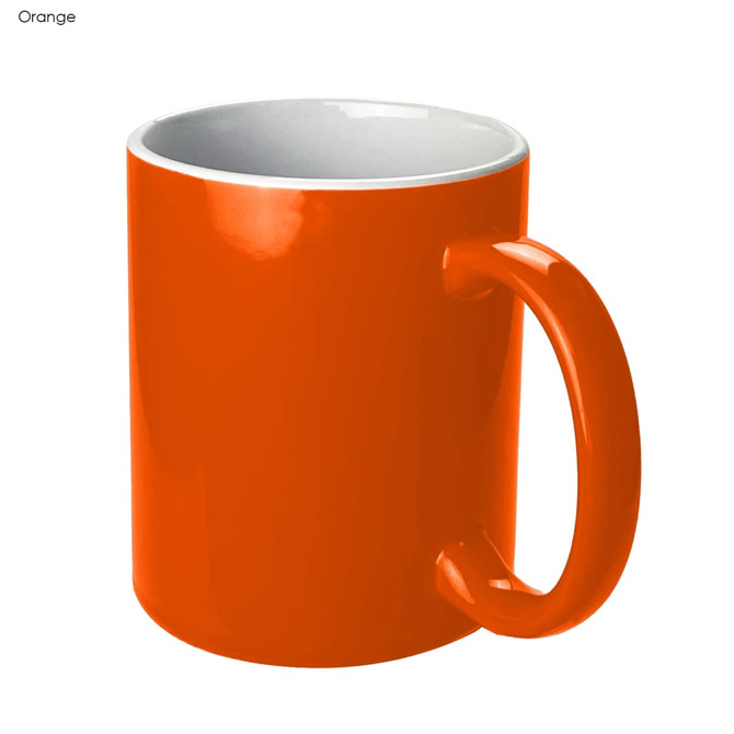 An orange coffee mug with a glossy finish and a white interior, featuring a handle and branding.