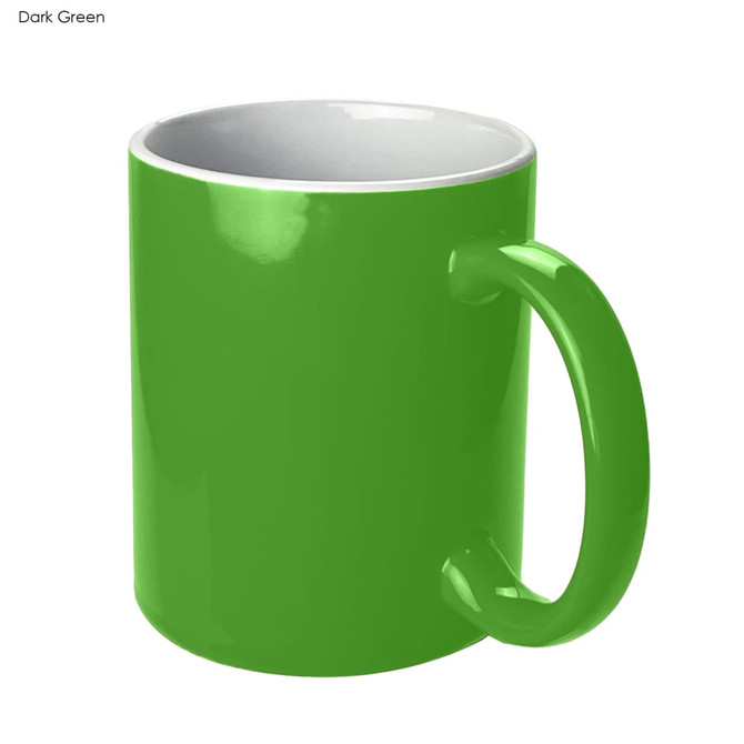 A dark green coffee mug with a glossy finish and a contrasting white interior. Features a handle and a logo.