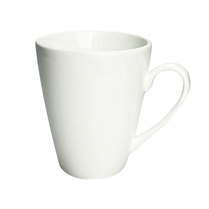 A white ceramic coffee mug with a tapered design and a curved handle. It features a logo on one side.