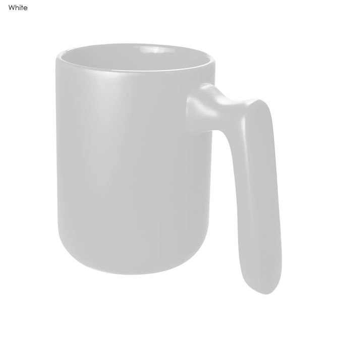 A white coffee mug with a unique handle design and a smooth finish, featuring a logo.